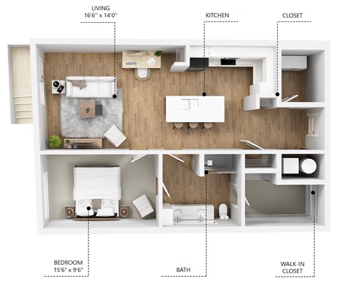 Floor plan for 1 bed, 1 bath, 910 sqft